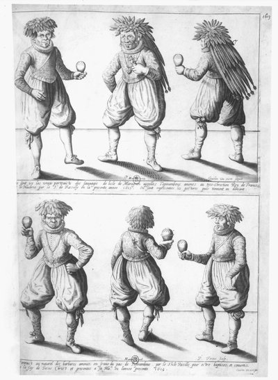 Mitglieder des Tupinambras-Stammes werden dem König von Frankreich in Paris vorgeführt, um getauft und zum Christentum bekehrt zu werden, 1613 von Joachim Duviert